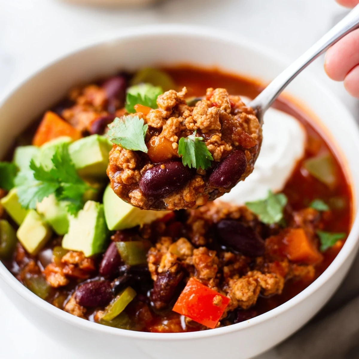 A steaming bowl of diabetic chili topped with avocado and fresh cilantro