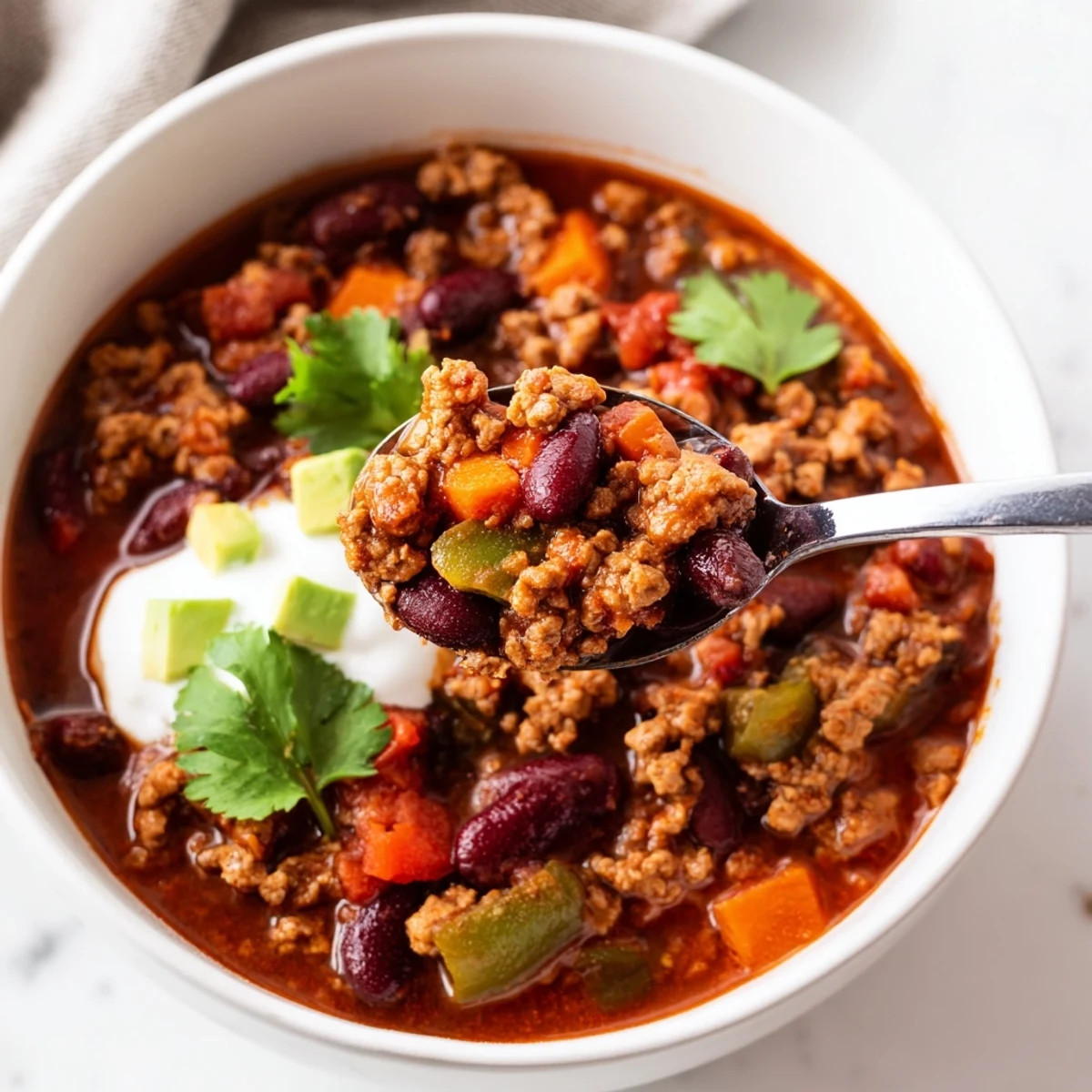 Hearty diabetic chili simmering in a Dutch oven with colorful diced vegetables