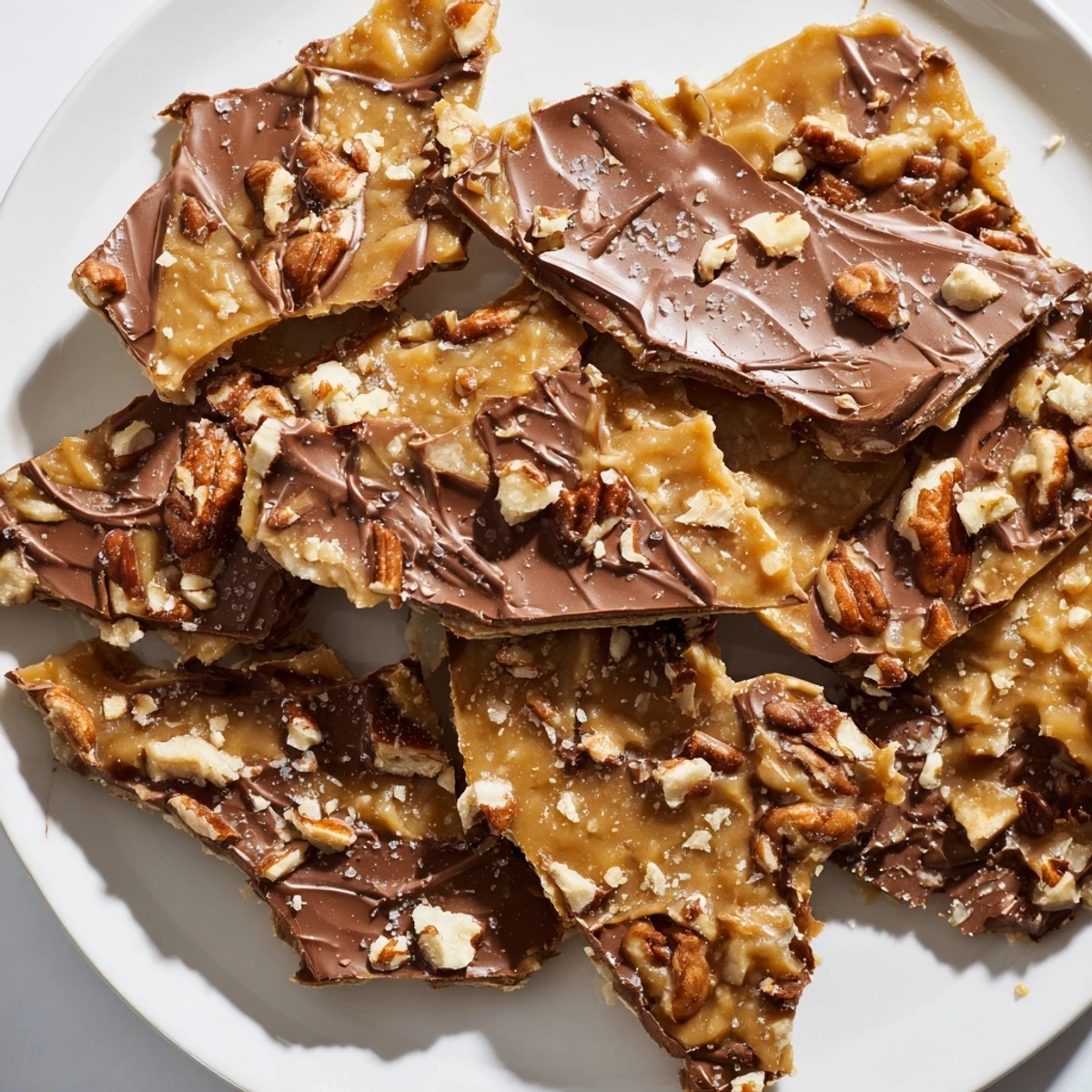 Golden pecan pie bark with gooey caramel and melted chocolate on a rustic baking sheet