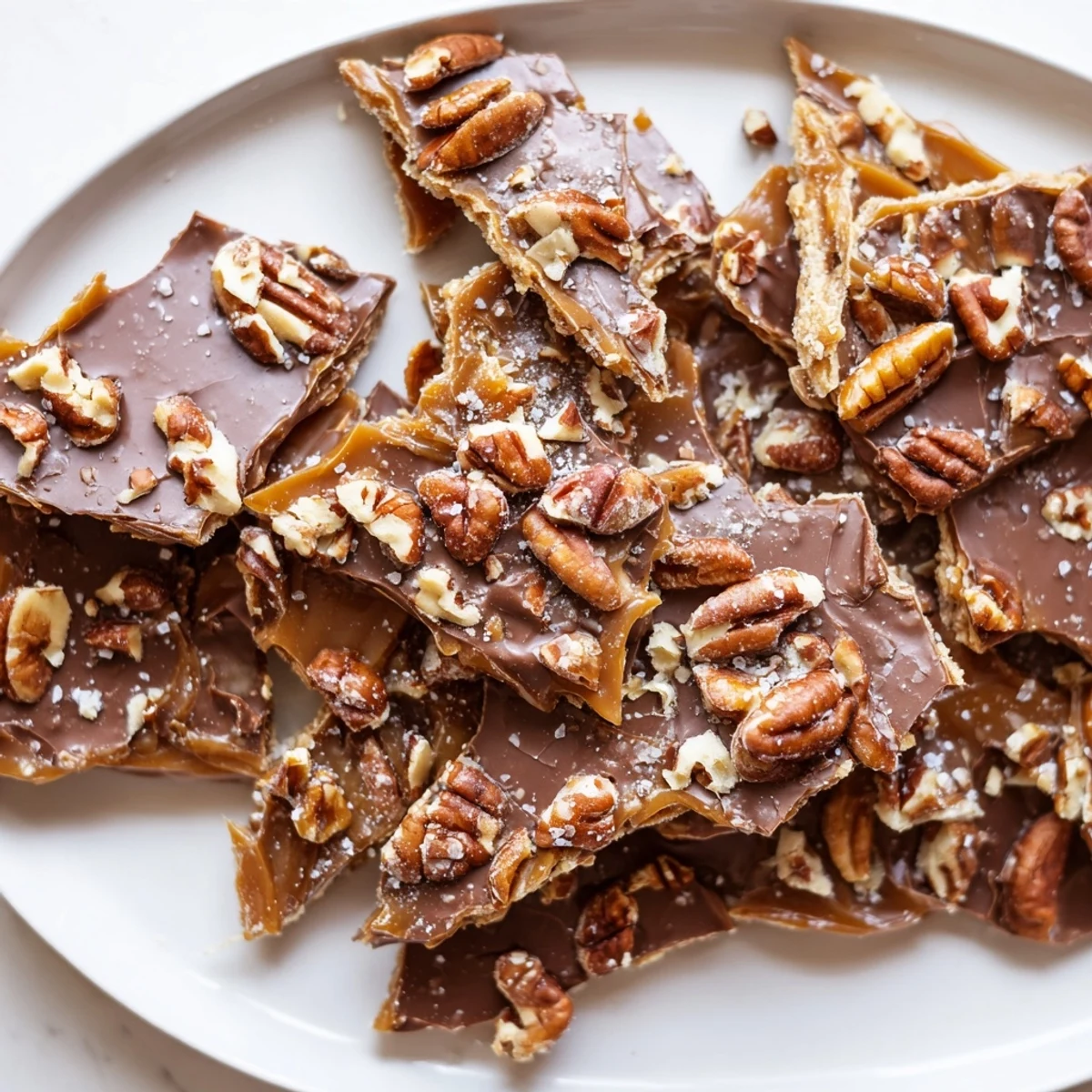 Buttery pecan pie bark broken into rustic pieces topped with roasted nuts and caramel