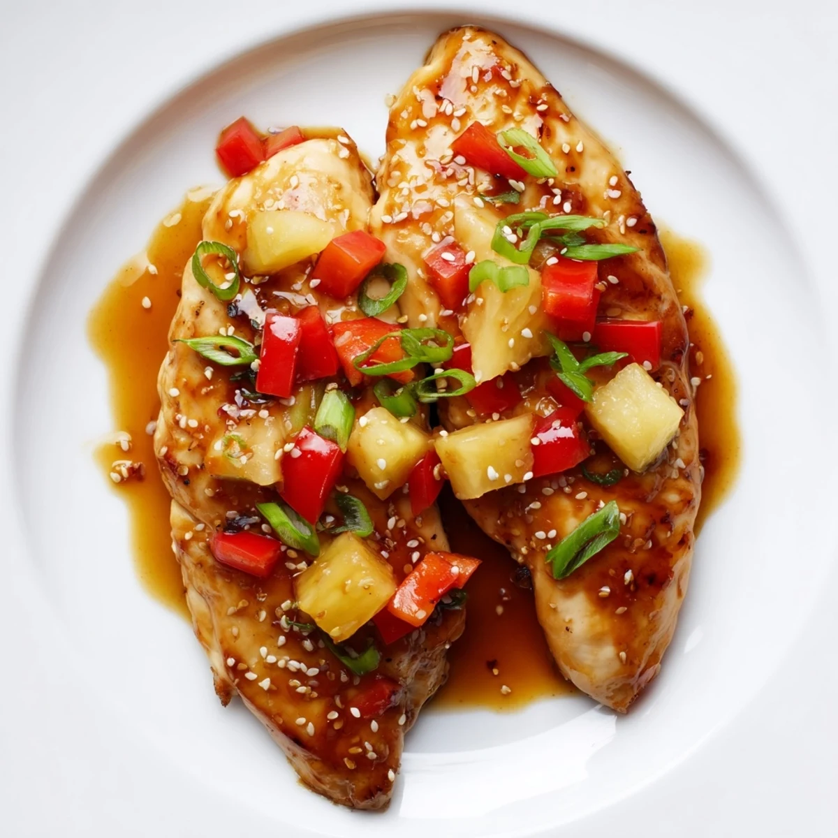 Juicy Hawaiian Chicken glazed in glossy pineapple sauce with colorful bell peppers and sesame seeds