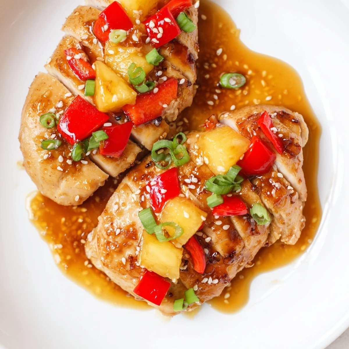Tender Hawaiian Chicken smothered in sweet pineapple chunks and thick caramelized ginger garlic sauce