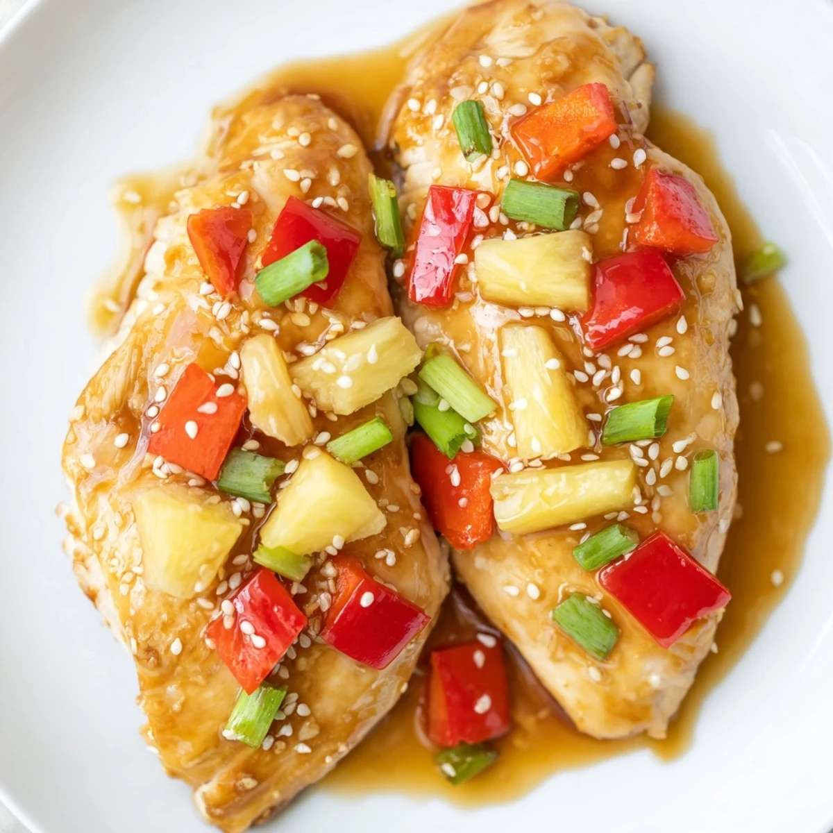 Golden Hawaiian Chicken draped in tangy pineapple soy glaze sprinkled with fresh green onions