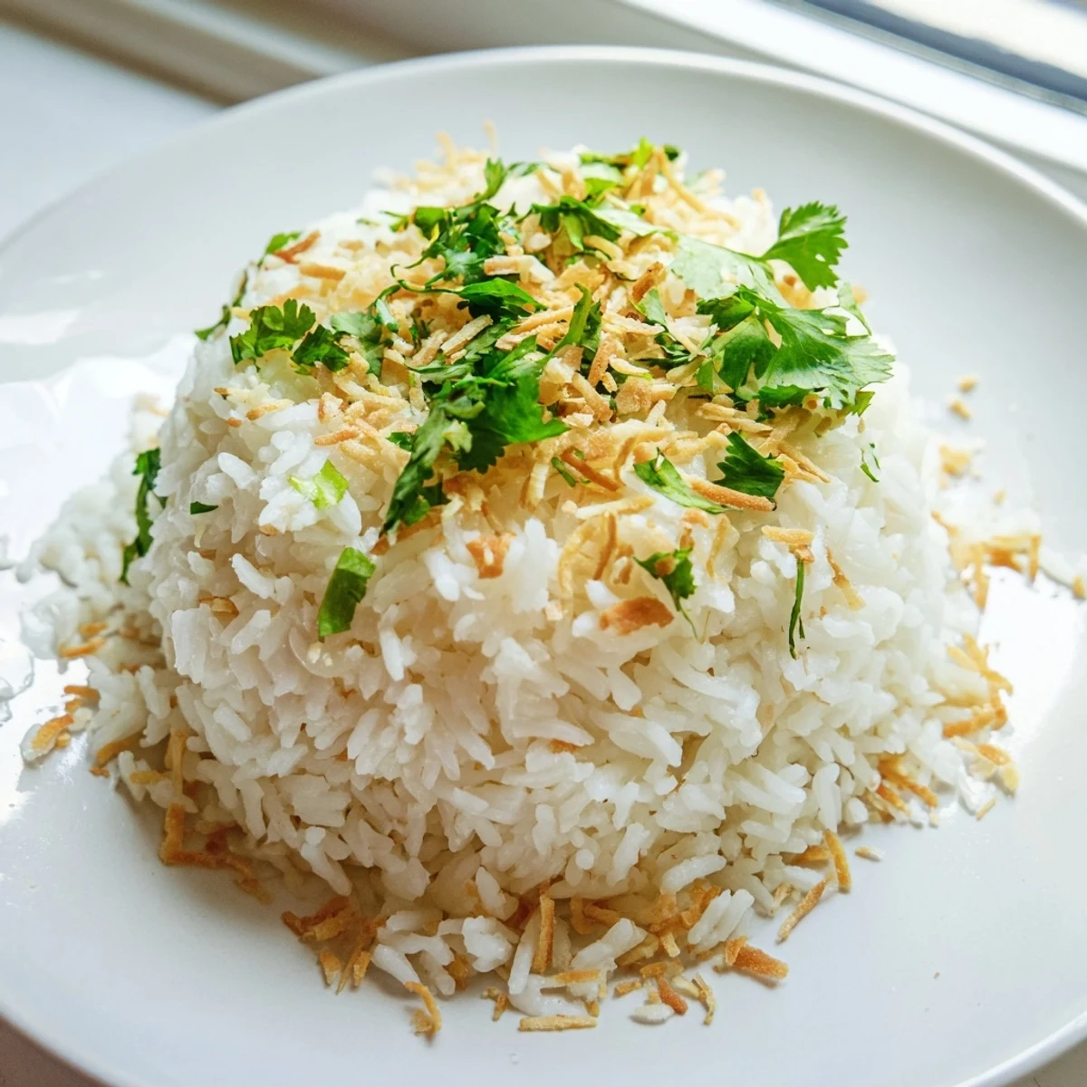 Steaming bowl of fluffy coconut rice garnished with toasted coconut flakes and cilantro