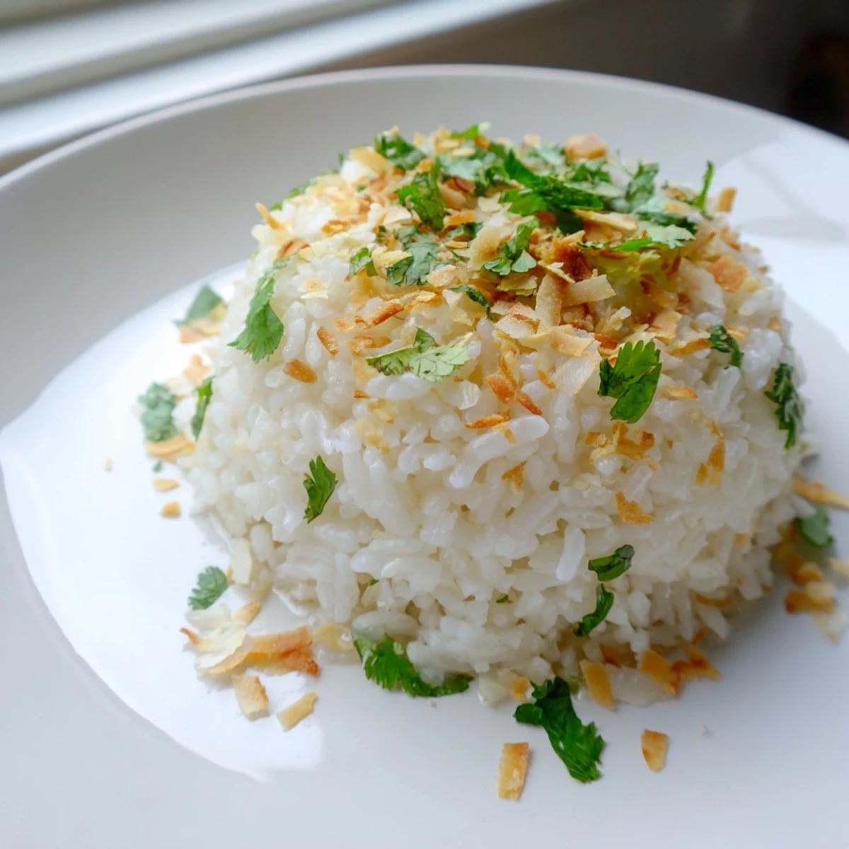 Fragrant coconut rice topped with lime zest and coconut flakes in a rustic bowl