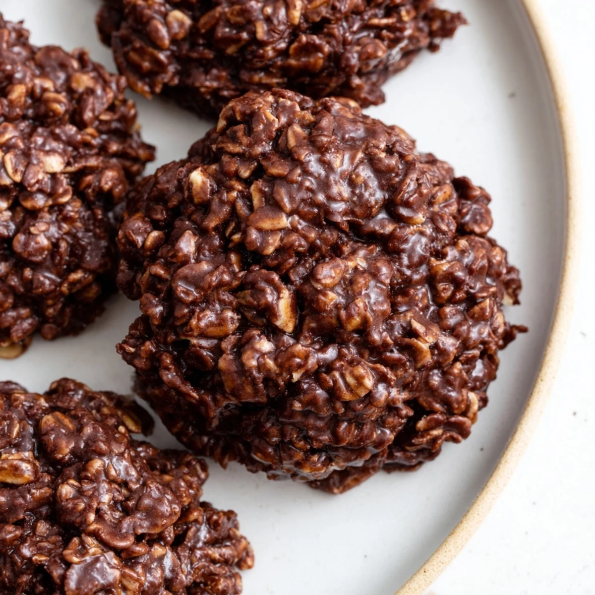 Glossy chocolate oatmeal no bake cookies stacked on a rustic ceramic plate