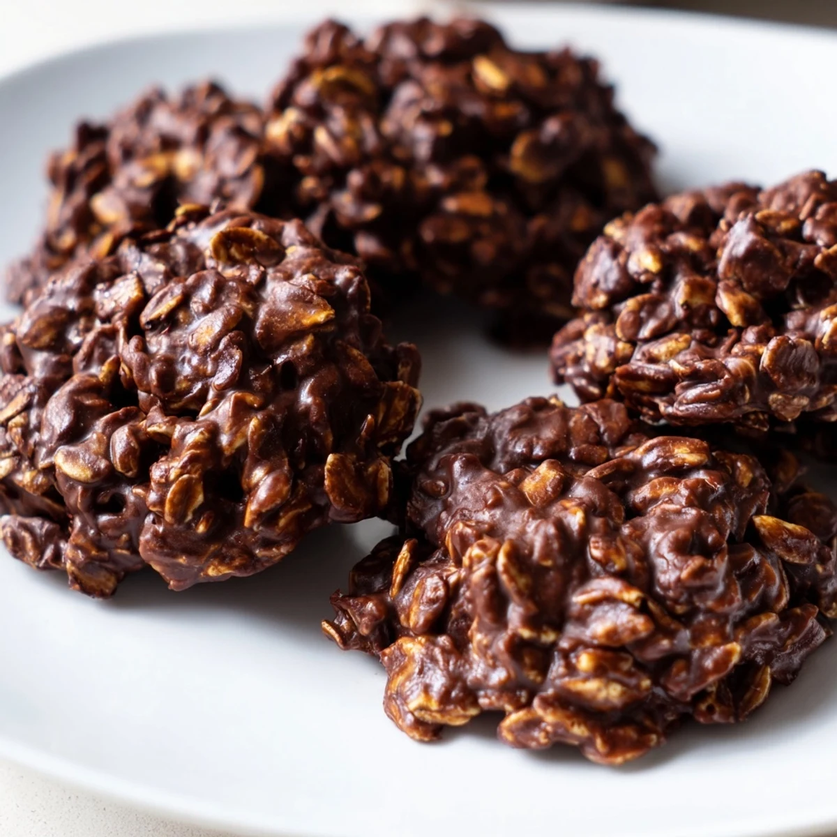 Fudgy chocolate oatmeal no bake cookies dotted with tender oats on parchment paper