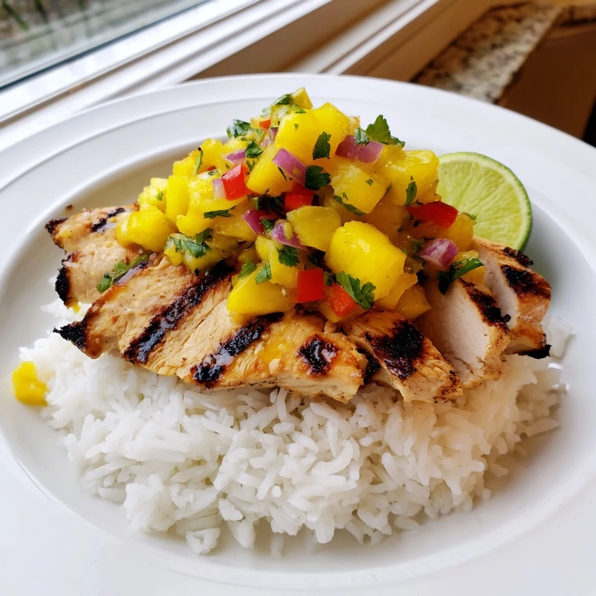 Juicy grilled chicken with pineapple mango salsa over coconut rice on a white plate