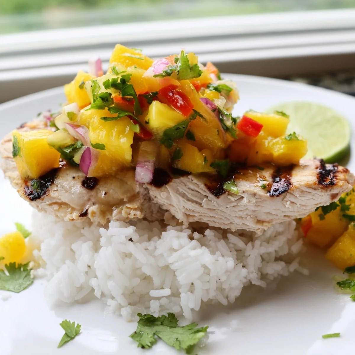 Tropical Dinner Delight featuring tender sliced chicken topped with colorful fruit salsa and lime