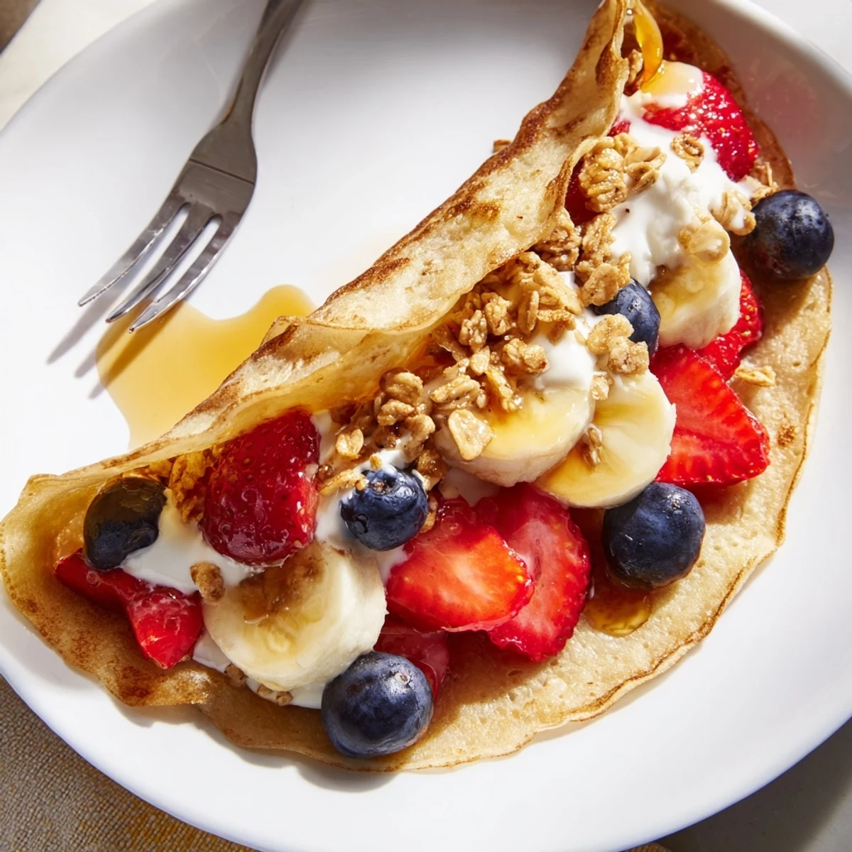 Fluffy pancake tacos filled with fresh strawberries and drizzled maple syrup on a white plate.