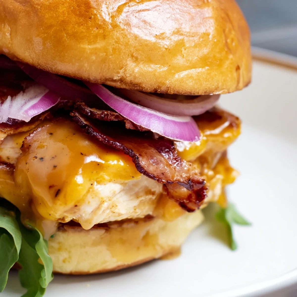 Golden maple chicken bacon sliders stacked on toasted buns with melted cheddar and fresh arugula