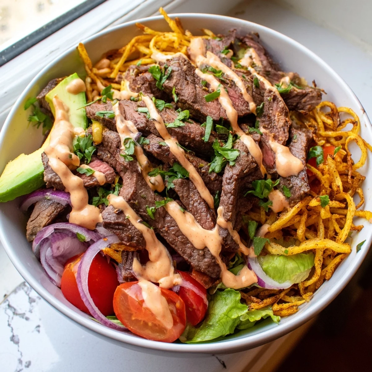 Crispy golden fries topped with juicy steak strips and fresh vegetables in a hearty bowl