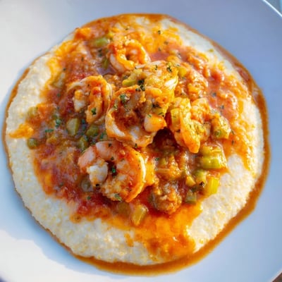 Succulent shrimp simmer in bold Creole tomato gravy, served over cheesy grits for a hearty Southern Creole Shrimp and Grits meal.