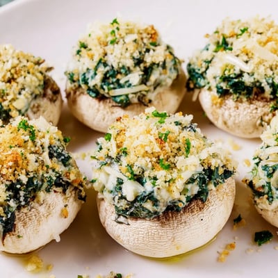 Crisp mushroom caps filled with creamy spinach and cheese, baked until bubbling and golden brown.