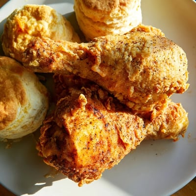 Savory Southern Fried Chicken with Buttermilk Biscuits served on a checkered tablecloth with a side of honey butter.