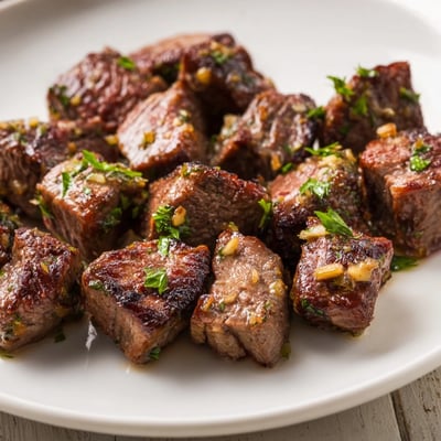 Tender Garlic Butter Steak Bites arranged on a white platter next to a ramekin of zesty horseradish cream and a sprinkle of parsley. 