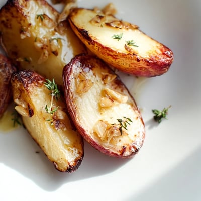 Tender roasted radishes with garlic and thyme served warm in a ceramic dish, next to grilled chicken.