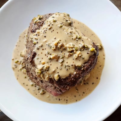 Restaurant-quality beef tenderloin with peppercorn cream sauce served alongside roasted potatoes and fresh green beans.