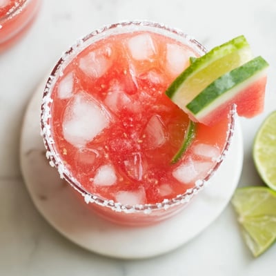 Refreshing pink watermelon margarita mocktail poured over ice in a clear glass with citrus garnish