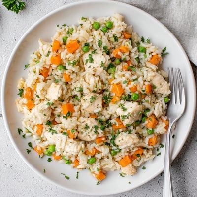 Golden brown chicken thighs nestled with seasoned rice and bright green peas in this comforting Instant Pot one-pot meal
