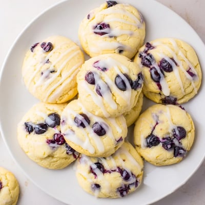 Soft lemon blueberry cheesecake cookies drizzled with glaze on white serving plate
