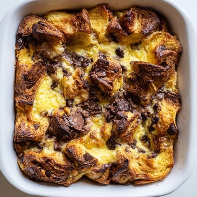 Buttery croissant pieces soaked in vanilla custard with semi-sweet chocolate chunks baked until golden