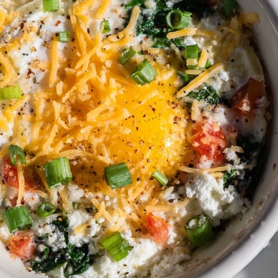 Creamy cottage cheese breakfast bake with spinach and perfectly set egg yolks