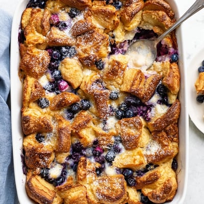 Creamy blueberry cream cheese croissant casserole dusted with powdered sugar on a white serving plate