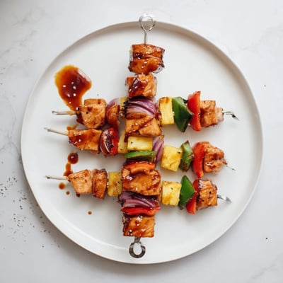 Grilled Bbq Pineapple Chicken Kabobs glazed with sticky sauce, served over rice