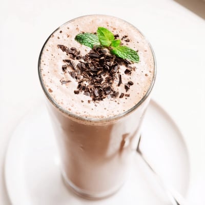 Post-workout Peppermint Protein Shake Recipe with mint garnish and chocolate shavings.