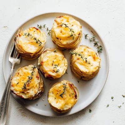 Individual scalloped potato stacks featuring layers of tender potatoes baked in rich creamy cheese sauce until bubbly