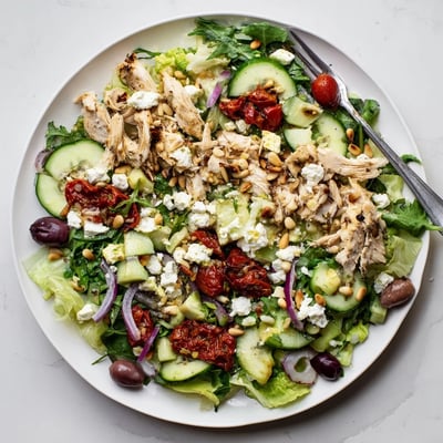 Mediterranean-style sun dried tomato chicken salad plated with mixed greens, juicy cherry tomatoes, and tangy dressing drizzled on top
