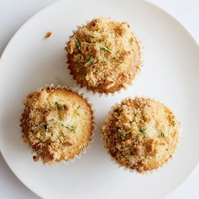 Tender lemon orange honey muffins topped with herbed thyme crumble on rustic linen