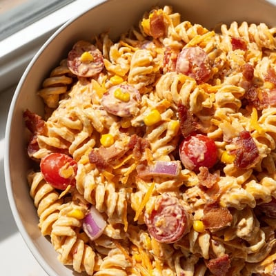 A vibrant cowboy pasta salad topped with cheddar, tomatoes, and smoky ranch
