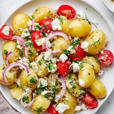 Warm potato and feta salad drizzled with tangy lemon herb dressing in a bowl