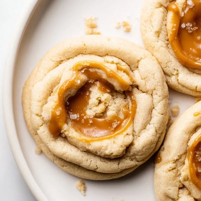 Soft caramel cheesecake cookies drizzled with rich sauce on parchment paper