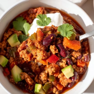 Thick diabetic chili recipe loaded with beans, peppers, and lean ground turkey