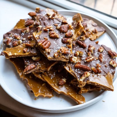 Crunchy pecan pie bark drizzled with rich chocolate and sprinkled with flaky sea salt