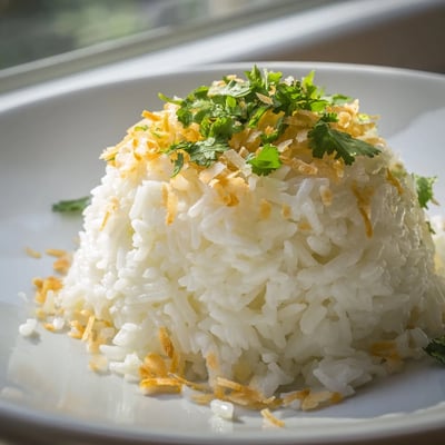 Creamy coconut rice served in a white bowl alongside a Thai curry dish